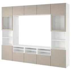 BESTA TV komb. za odlaganje/stakl.vrata, bela Sindvik/Lappviken svetlosiva/bež, 300x42x231 cm