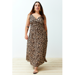 Trendyol Curve Camel Maxi Slit Detailed Leopard Patterned Woven Dress