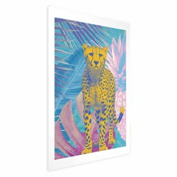 shumee Eksotični leopardji plakat - barvit portret geparda na ozadju tropskih listov