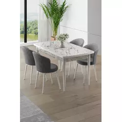 HANAH HOME Rasklopivi trpezarijski sto i stolice (5 delova) Asfel White Marble Grey