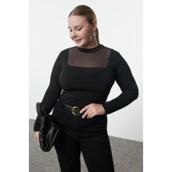 Trendyol Curve Black Fitted Tulle Detailed Long Sleeve High Collar Flexible Snap Fastener Knitted Body