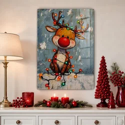WallXpert slika na kaljenom staklu CAM12352, veseli irvas crvenog nosa upleten u šarene lampice, 50 x 70 cm
