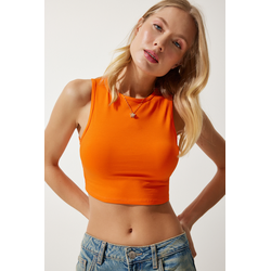 Happiness Istanbul Womens Orange Barter Neck Crop Knitted Blouse