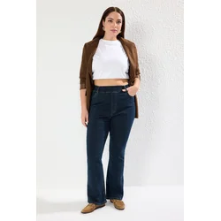 Trendyol Curve Dark Blue High Waisted Stitch Detailed Elastic Waist Flare Plus Size Jeans