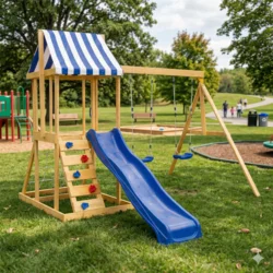 Kinder Home Dečiji drveni set 4u1 – tobogan 1,8 m, 2 ljuljaške, penjalica i mreža od konopaca 308×318×244cm