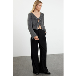 Trendyol Anthracite Crop Feather Tie Detailed Knitwear Cardigan