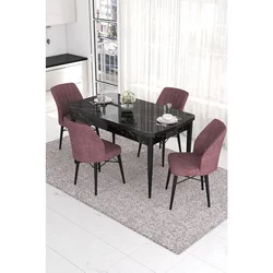 Hanah Home trpezarijski set Eva, sto na razvlačenje i 4 stolice, ploča u dekoru crnog mermera, puder roze tkanina Babyface