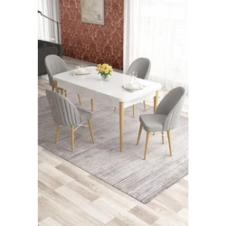 Hanah Home trpezarijski set Elf, sto na razvlačenje i 4 stolice, bela ploča, noge u prirodnoj boji drveta, siva tkanina Babyface