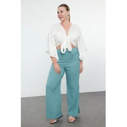 Trendyol Curve Blue Slit Detailed High Waist Wrapped Wide Leg Beach Wear Woven Trousers
