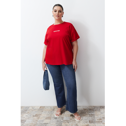 Trendyol Curve Red Slogan Printed Oversize Knitted T-shirt