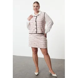 Trendyol Curve Pink Round Collar Tweed Black Piping Buttoned Plus Size Vest