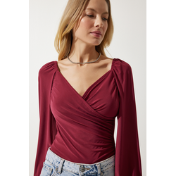 Happiness Istanbul Womens Cherry Elastic Balloon Sleeve Sandy Knitted Blouse