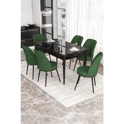 Hanah Home trpezarijski set Via, sto na razvlačenje i 6 stolica, ploča u dekoru crnog mermera, kaki zelena tkanina Jerry