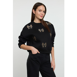 Trendyol Black Thick Polar Fleece Inside Leopard Detailed Ribbon Embroidered Knitted Sweatshirt