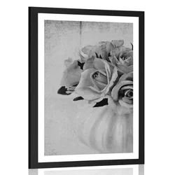 Plakat s paspartujem vrtnice v vazi v črnobeli varianti - 30x45 white