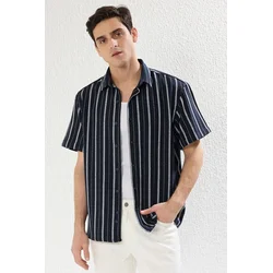 Trendyol Navy Blue Oversize Fit Short Sleeve Striped Etamine Summer Shirt
