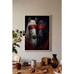 WallXpert uramljena slika 115189, beli i crni konj sa crvenim povezima preko očiju, 30 x 40 cm, beli ram