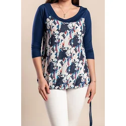 Plus size majica s potiskom in 3/4 rokavi, temno modra