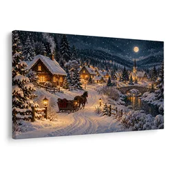 Slika zimska vasica v mesečini - 120x80