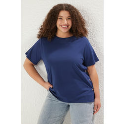 Trendyol Curve Navy Blue Boyfriend Fit Side Snap Detail 100% Cotton Knitted Plus Size T-shirt