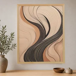 WallXpert uramljena slika na platnu Cc-D-Ah-1012, apstraktni talasi linija u bež, braon i crnoj boji, 45 x 60 cm