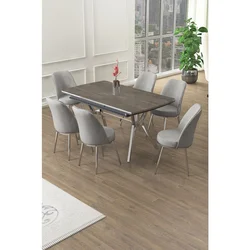 Hanah Home trpezarijski set Poy, sto na razvlačenje i 6 stolica, antracit ploča Irony, hromirane noge, siva tkanina Babyface