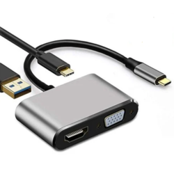 LINKOM Adapter-konvertor TIP C na HDMI 4K + VGA + TIP C + USB 3.0 sivi