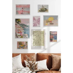 WallXpert set od 8 manjih uramljenih slika Çgs-060, mediteranski motivi u pastelnim tonovima – primorski grad, limuni, školjke i šara Williama Morrisa, beli ram