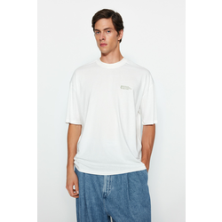 Trendyol Ecru Oversize 100% Cotton Minimal Text Printed T-Shirt