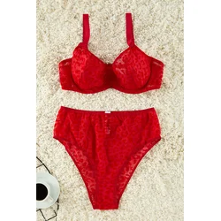 Trendyol Curve Red Velvet Leopard Print High Waist Plus Size Lingerie Sets