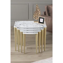 Hanah Home set od 4 umetnutih stočića Telwe, beli mermer / zlatni