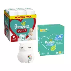 Pampers Pelene Pants 5, Monthly, 12-17kg, 152/1+ Pampers Vlažne maramice Fresh clean, 15x80 komada+Lumipets Noćna lampa Sova