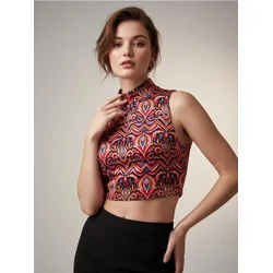 Sinsay - Crop bluza sa rol kragnom i apstraktnim printom - šareno