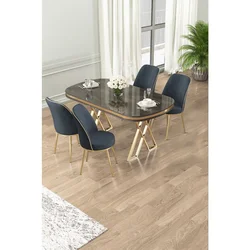 Hanah Home trpezarijski set Lai, sto i 4 stolice, antracit ploča Irony, zlatne noge, antracit tkanina Babyface