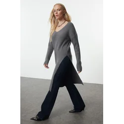 Trendyol Anthracite Slit Detailed Tunic Length Soft Texture Knitwear Sweater