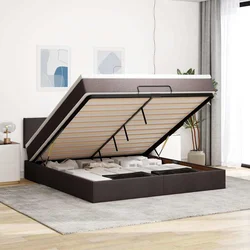 vidaXL Otomanska postelja z vzmetnico&LEDs temno rjava 180x200cm blago
