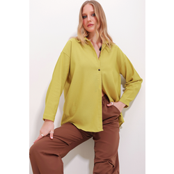 Trend Alaçati Stili Womens Mustard Oversize Linen Shirt
