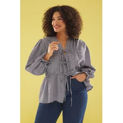 Trendyol Curve Navy Blue Seersucker Woven Plus Size Blouse