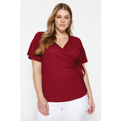 Trendyol Curve Red Crepe Double Breasted Knitting with Tie Detail Blouse