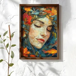 WallXpert uramljena MDF slika NAL123-46, mozaik portret žene zatvorenih očiju među cvećem i ribama, 35,5 x 47 cm