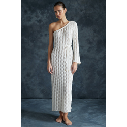 Trendyol Beige Belted Fitted Maxi Knitted Knitwear Effect One-Shoulder Beach Dress