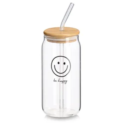 Čaša-tegla Happy 500ml sa bambus poklopcem i slamčicom Zeller