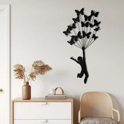 WallXpert metalni zidni ukras 5330, dečak koji leti držeći leptire kao balone, 38 x 75 cm, crni