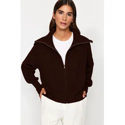 Trendyol Dark Brown Wide Pattern Turn-down Collar Zippered Knitwear Cardigan