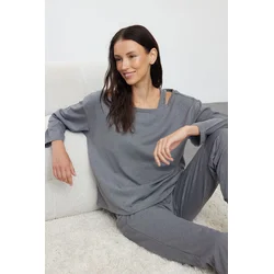 Trendyol Gray Melange 3-Piece Cotton Knitted Pajama Set