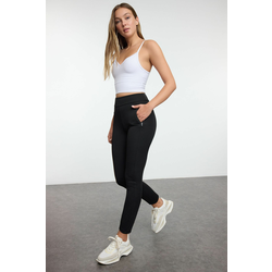 Trendyol Black Brushed Soft Fabric, Fleece Inside and Zipper Pocket Detailed Knitted Full Length Sports Tights
