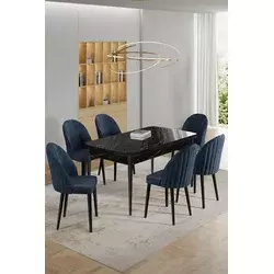 HANAH HOME Rasklopivi trpezarijski sto i stolice (7 delova) Enya Black Marble Anthracite