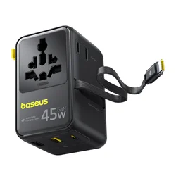 45W Potovalni adapter Baseus PicoGo AG11 (E0307F00) EU/UK/US/AU, 2x AC, 2x USB-A, USB-C z izvlečnim USB-C kablom - black
