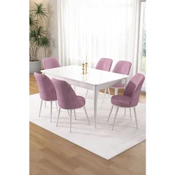Hanah Home trpezarijski set Pir, sto i 6 stolica, bela ploča, roze tkanina Babyface