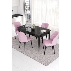 Hanah Home trpezarijski set Eva, sto na razvlačenje i 4 stolice, ploča u dekoru crnog mermera, roze tkanina Babyface